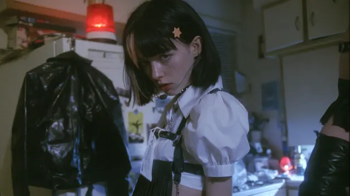 a black leather jacket hanging alone on a hook in a hacker house kitchen at night, a rotating red alarm beacon on top of a fridge, a young Caucasian American woman with pale skin and light freckles, a glossy black…