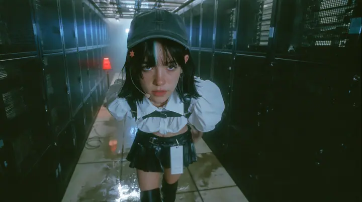 a young Caucasian American woman with pale skin and light freckles, a glossy black blunt jaw-length bob with heavy bangs and one clay-orange streak through the bangs, a small flat clay-orange eight-pointed star hair…