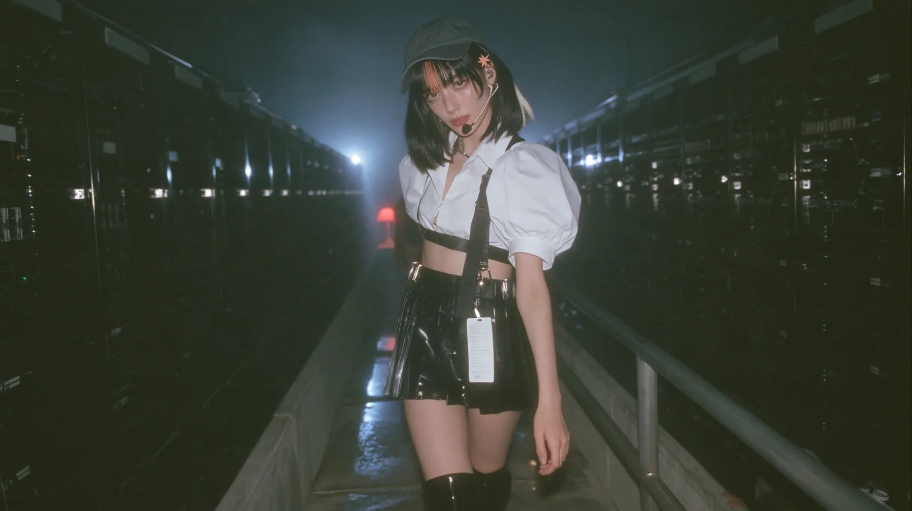 a young Caucasian American woman with pale skin and light freckles, a glossy black blunt jaw-length bob with heavy bangs and one clay-orange streak through the bangs, a small flat clay-orange eight-pointed star hair…