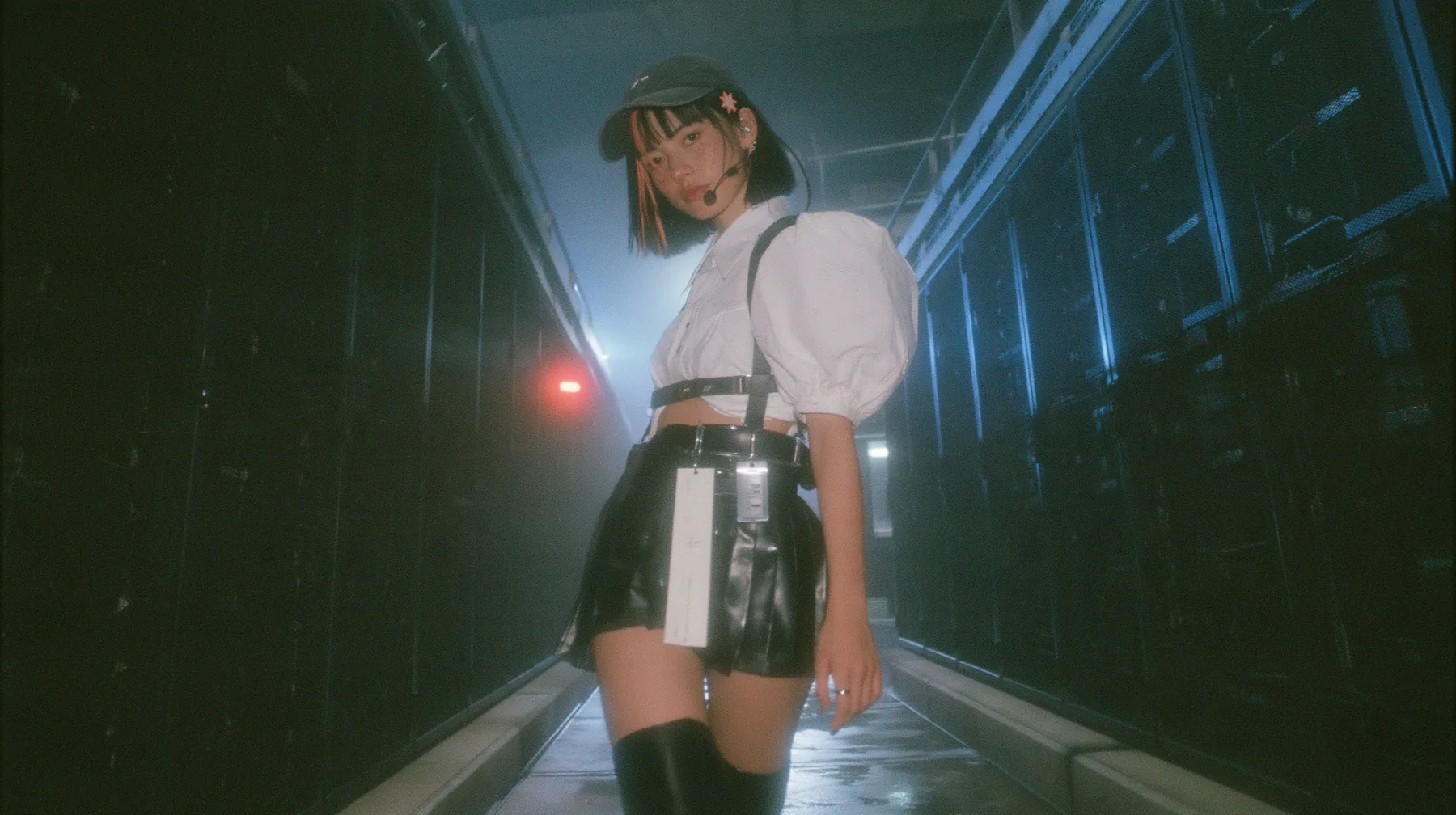 a young Caucasian American woman with pale skin and light freckles, a glossy black blunt jaw-length bob with heavy bangs and one clay-orange streak through the bangs, a small flat clay-orange eight-pointed star hair…
