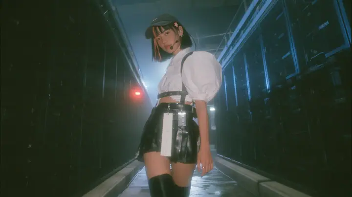a young Caucasian American woman with pale skin and light freckles, a glossy black blunt jaw-length bob with heavy bangs and one clay-orange streak through the bangs, a small flat clay-orange eight-pointed star hair…