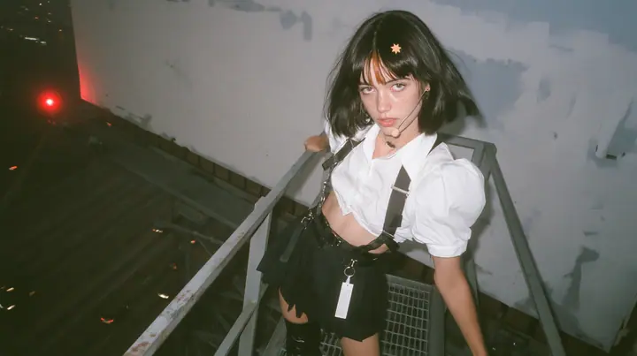 a young Caucasian American woman with pale skin and light freckles, a glossy black blunt jaw-length bob with heavy bangs and one clay-orange streak through the bangs, a small flat clay-orange eight-pointed star hair…