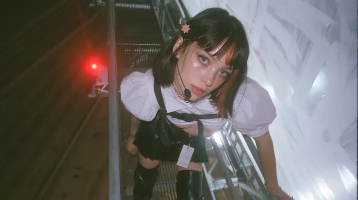 a young Caucasian American woman with pale skin and light freckles, a glossy black blunt jaw-length bob with heavy bangs and one clay-orange streak through the bangs, a small flat clay-orange eight-pointed star hair…