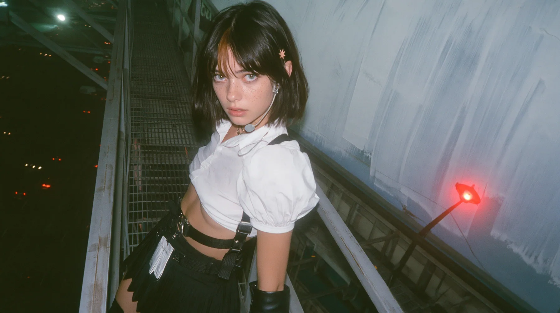 a young Caucasian American woman with pale skin and light freckles, a glossy black blunt jaw-length bob with heavy bangs and one clay-orange streak through the bangs, a small flat clay-orange eight-pointed star hair…