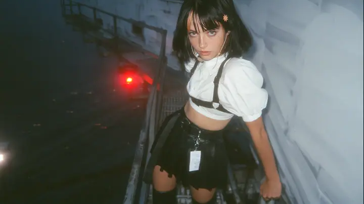 a young Caucasian American woman with pale skin and light freckles, a glossy black blunt jaw-length bob with heavy bangs and one clay-orange streak through the bangs, a small flat clay-orange eight-pointed star hair…