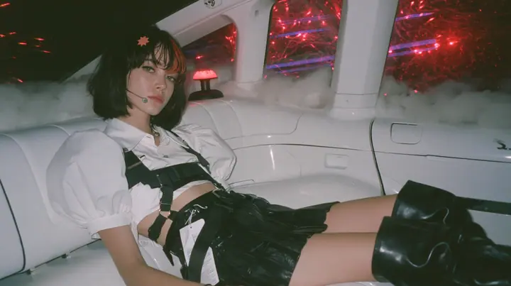 the back seat of a driverless white robotaxi at night, thick white smoke outside the windows, red firework sparks bursting against the glass, a young Caucasian American woman with pale skin and light freckles, a…