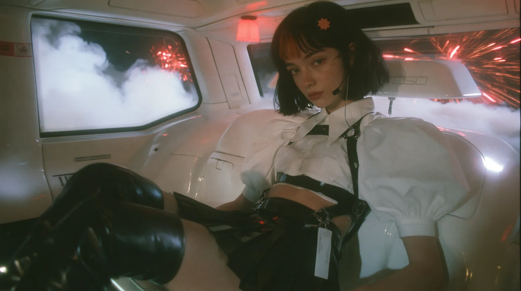 the back seat of a driverless white robotaxi at night, thick white smoke outside the windows, red firework sparks bursting against the glass, a young Caucasian American woman with pale skin and light freckles, a…