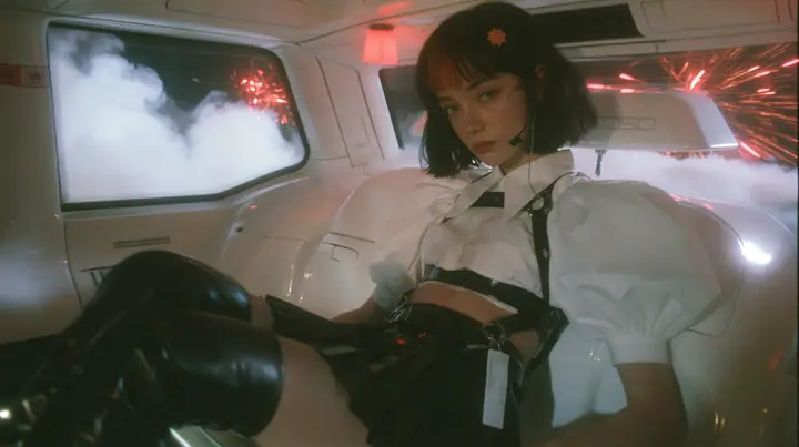 the back seat of a driverless white robotaxi at night, thick white smoke outside the windows, red firework sparks bursting against the glass, a young Caucasian American woman with pale skin and light freckles, a…