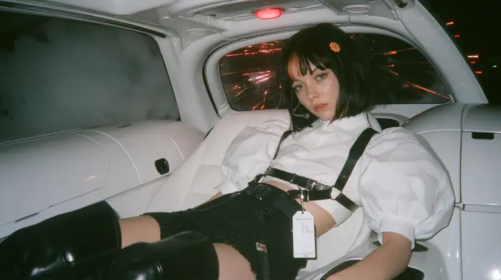 the back seat of a driverless white robotaxi at night, thick white smoke outside the windows, red firework sparks bursting against the glass, a young Caucasian American woman with pale skin and light freckles, a…