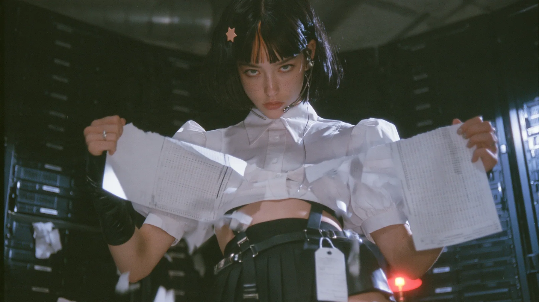 a young Caucasian American woman with pale skin and light freckles, a glossy black blunt jaw-length bob with heavy bangs and one clay-orange streak through the bangs, a small flat clay-orange eight-pointed star hair…