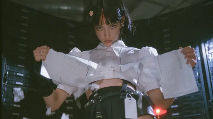 a young Caucasian American woman with pale skin and light freckles, a glossy black blunt jaw-length bob with heavy bangs and one clay-orange streak through the bangs, a small flat clay-orange eight-pointed star hair…