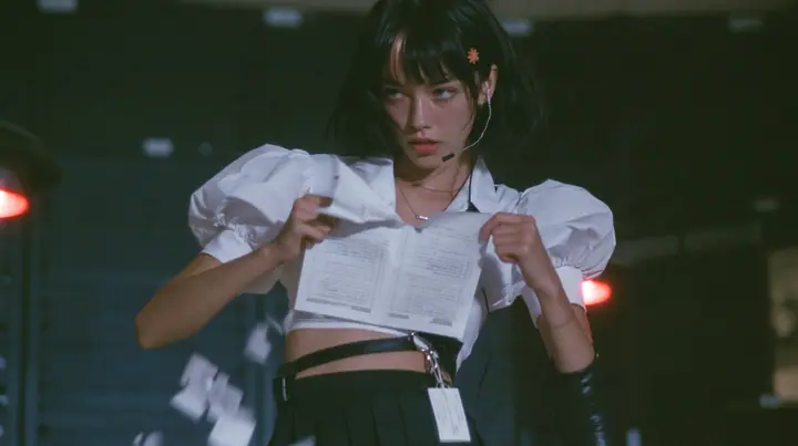 a young Caucasian American woman with pale skin and light freckles, a glossy black blunt jaw-length bob with heavy bangs and one clay-orange streak through the bangs, a small flat clay-orange eight-pointed star hair…