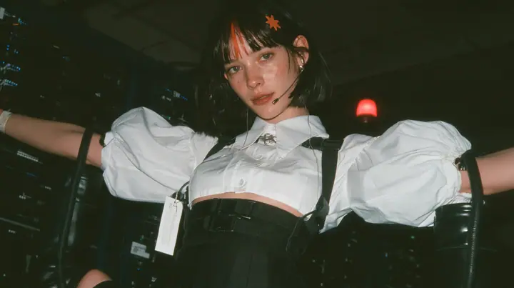 a young Caucasian American woman with pale skin and light freckles, a glossy black blunt jaw-length bob with heavy bangs and one clay-orange streak through the bangs, a small flat clay-orange eight-pointed star hair…