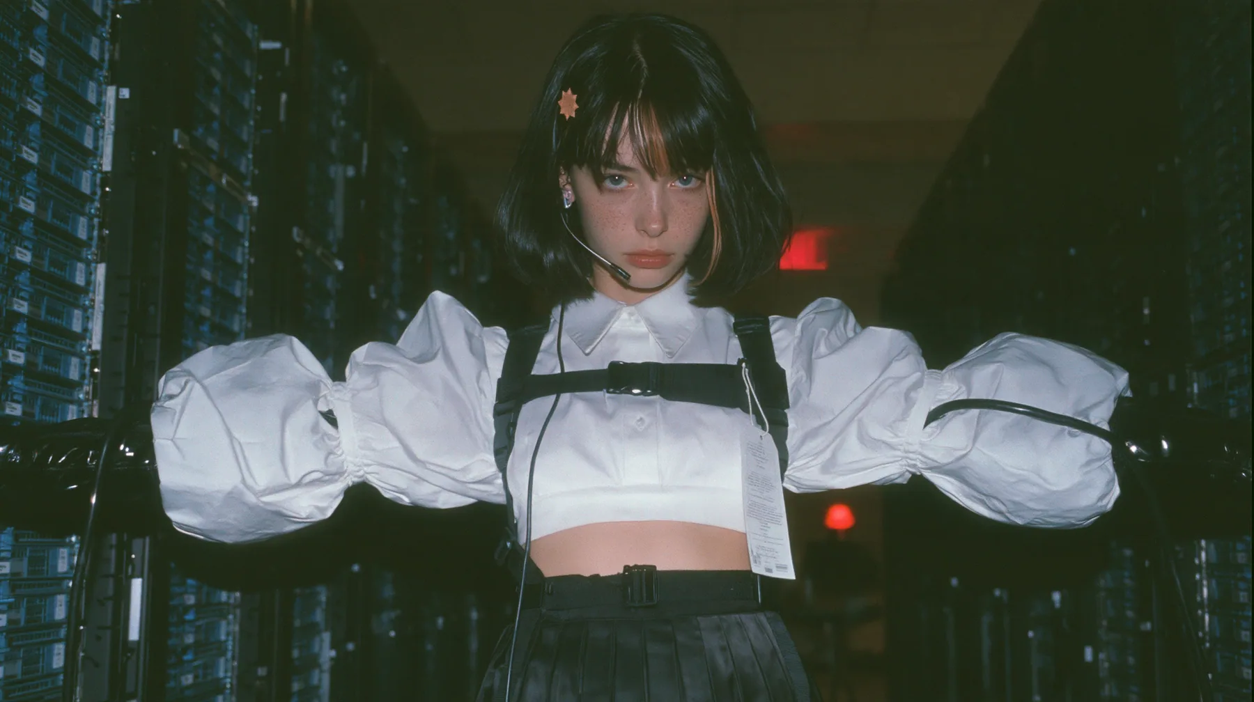 a young Caucasian American woman with pale skin and light freckles, a glossy black blunt jaw-length bob with heavy bangs and one clay-orange streak through the bangs, a small flat clay-orange eight-pointed star hair…