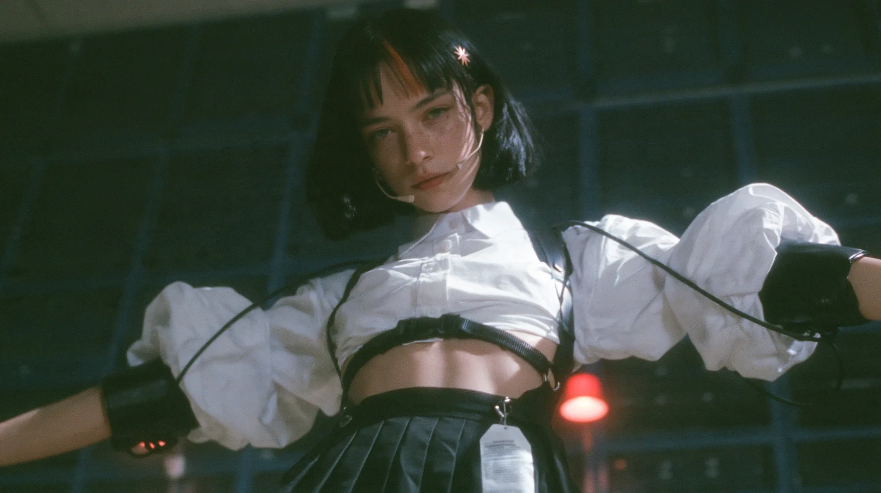 a young Caucasian American woman with pale skin and light freckles, a glossy black blunt jaw-length bob with heavy bangs and one clay-orange streak through the bangs, a small flat clay-orange eight-pointed star hair…