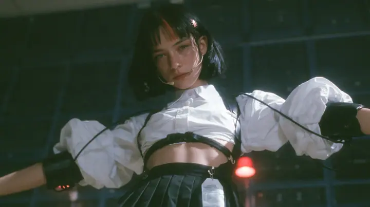 a young Caucasian American woman with pale skin and light freckles, a glossy black blunt jaw-length bob with heavy bangs and one clay-orange streak through the bangs, a small flat clay-orange eight-pointed star hair…