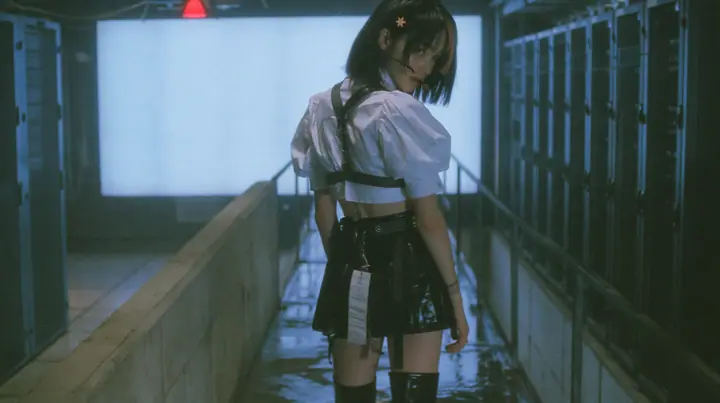 a young Caucasian American woman with pale skin and light freckles, a glossy black blunt jaw-length bob with heavy bangs and one clay-orange streak through the bangs, a small flat clay-orange eight-pointed star hair…