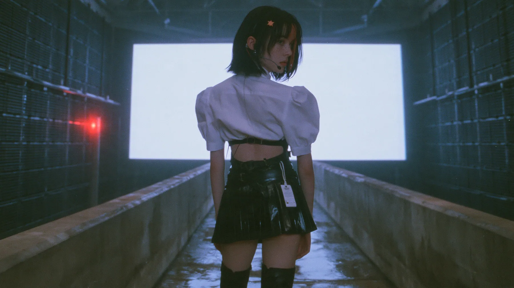a young Caucasian American woman with pale skin and light freckles, a glossy black blunt jaw-length bob with heavy bangs and one clay-orange streak through the bangs, a small flat clay-orange eight-pointed star hair…