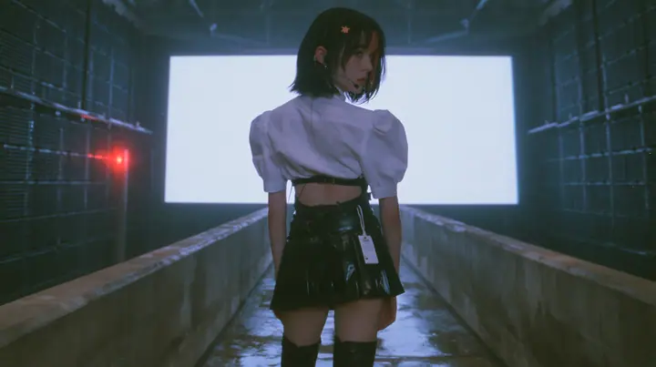 a young Caucasian American woman with pale skin and light freckles, a glossy black blunt jaw-length bob with heavy bangs and one clay-orange streak through the bangs, a small flat clay-orange eight-pointed star hair…