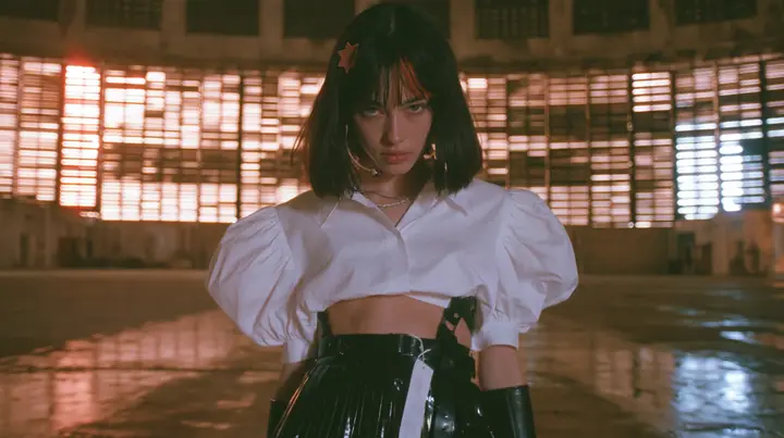 a young Caucasian American woman with pale skin and light freckles, a glossy black blunt jaw-length bob with heavy bangs and one clay-orange streak through the bangs, a small flat clay-orange eight-pointed star hair…