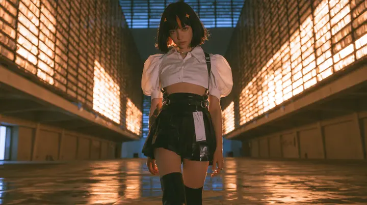 a young Caucasian American woman with pale skin and light freckles, a glossy black blunt jaw-length bob with heavy bangs and one clay-orange streak through the bangs, a small flat clay-orange eight-pointed star hair…