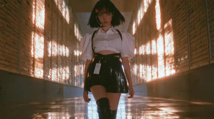 a young Caucasian American woman with pale skin and light freckles, a glossy black blunt jaw-length bob with heavy bangs and one clay-orange streak through the bangs, a small flat clay-orange eight-pointed star hair…