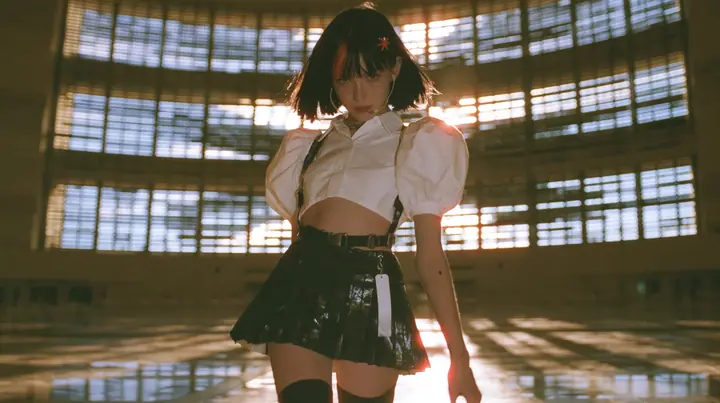 a young Caucasian American woman with pale skin and light freckles, a glossy black blunt jaw-length bob with heavy bangs and one clay-orange streak through the bangs, a small flat clay-orange eight-pointed star hair…