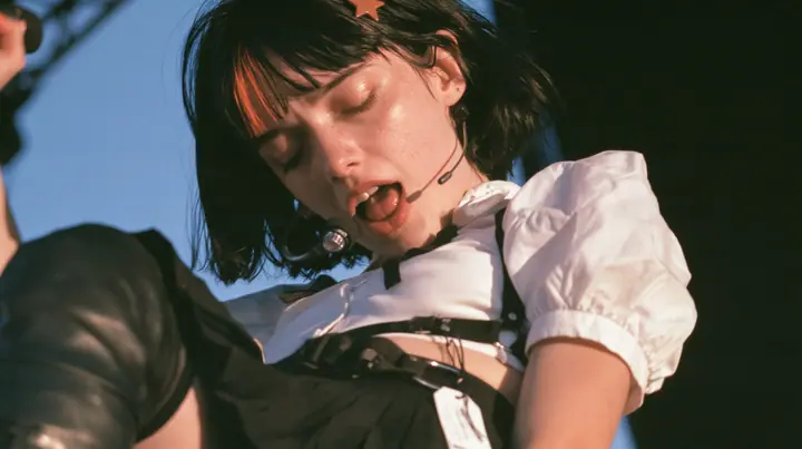 close-up of a young Caucasian American woman with pale skin and light freckles, a glossy black blunt jaw-length bob with heavy bangs and one clay-orange streak through the bangs, a small flat clay-orange…