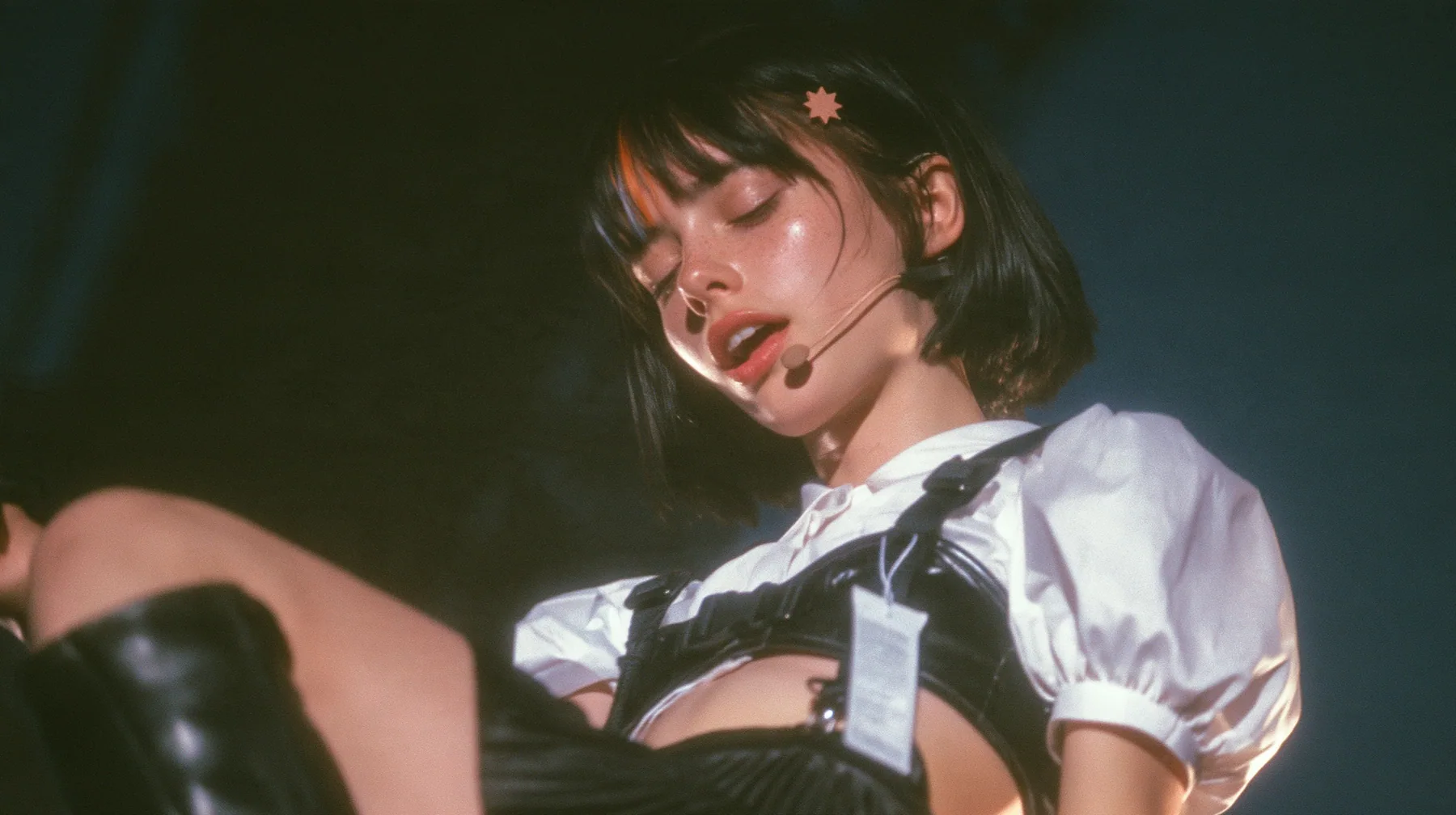 close-up of a young Caucasian American woman with pale skin and light freckles, a glossy black blunt jaw-length bob with heavy bangs and one clay-orange streak through the bangs, a small flat clay-orange…