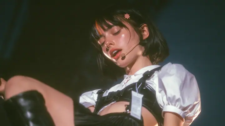 close-up of a young Caucasian American woman with pale skin and light freckles, a glossy black blunt jaw-length bob with heavy bangs and one clay-orange streak through the bangs, a small flat clay-orange…