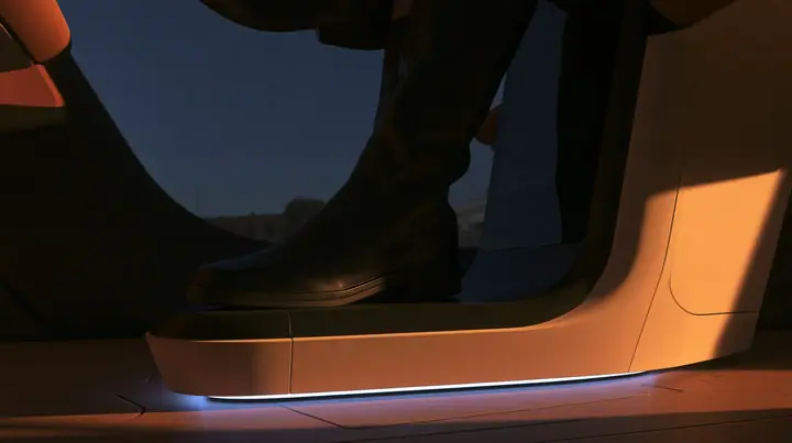 close-up of a black knee-high boot pressing flat on the bare floor of a driverless robotaxi, no pedals, no steering wheel, night light sweeping across, blue-black night turning to first light, clay-orange #D97757…