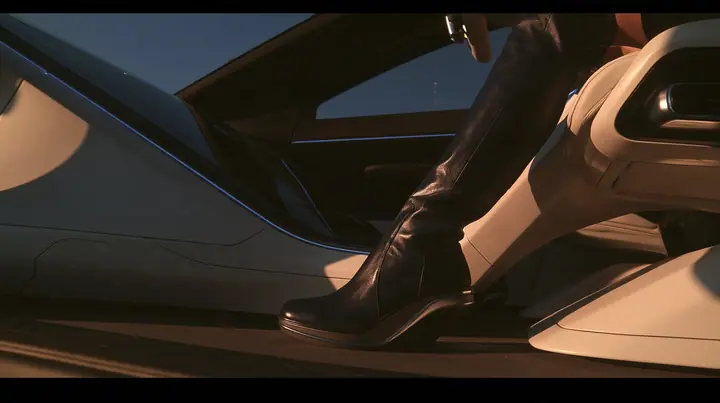 close-up of a black knee-high boot pressing flat on the bare floor of a driverless robotaxi, no pedals, no steering wheel, night light sweeping across, blue-black night turning to first light, clay-orange #D97757…