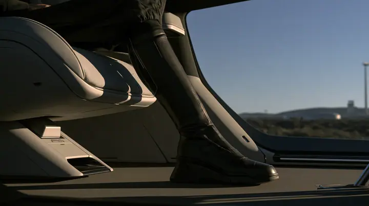 close-up of a black knee-high boot pressing flat on the bare floor of a driverless robotaxi, no pedals, no steering wheel, night light sweeping across, blue-black night turning to first light, clay-orange #D97757…