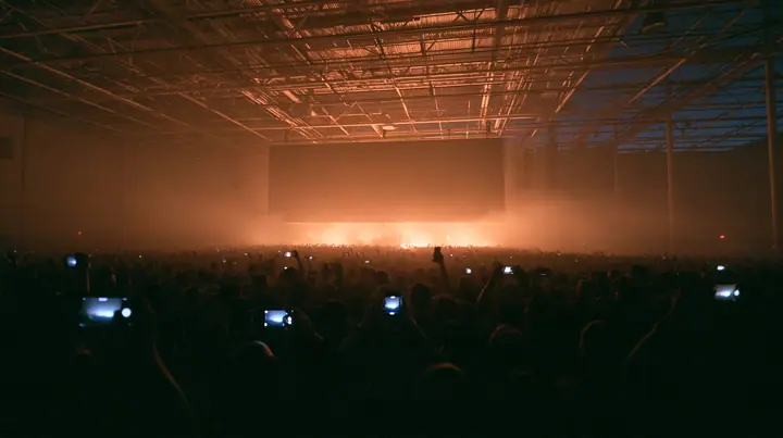 a dark crowd of front-row spectators raising glowing phones above their heads in a data hall, backlit fog, warm light from a giant board behind, blue-black night turning to first light, clay-orange #D97757 light as…