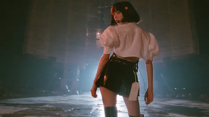 a young Caucasian American woman with pale skin and light freckles, a glossy black blunt jaw-length bob with heavy bangs and one clay-orange streak through the bangs, a small flat clay-orange eight-pointed star hair…