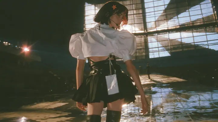 a young Caucasian American woman with pale skin and light freckles, a glossy black blunt jaw-length bob with heavy bangs and one clay-orange streak through the bangs, a small flat clay-orange eight-pointed star hair…