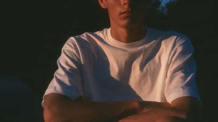 a front-row spectator in a plain white t-shirt seated in the dark, arms folded, face cropped at the chin, warm light, blue-black night turning to first light, clay-orange #D97757 light as the only colour, fine grain,…