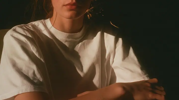 a front-row spectator in a plain white t-shirt seated in the dark, arms folded, face cropped at the chin, warm light, blue-black night turning to first light, clay-orange #D97757 light as the only colour, fine grain,…
