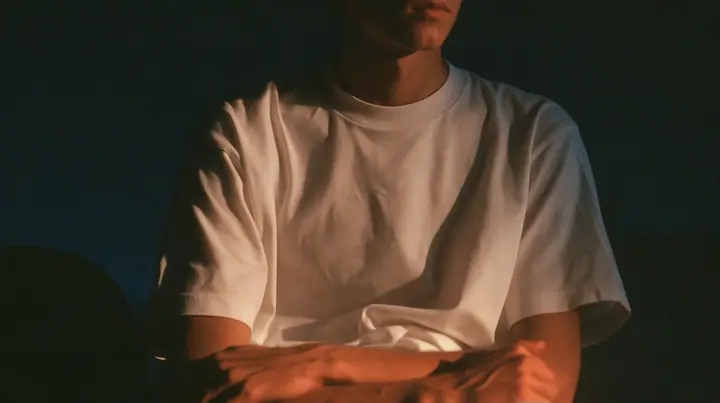 a front-row spectator in a plain white t-shirt seated in the dark, arms folded, face cropped at the chin, warm light, blue-black night turning to first light, clay-orange #D97757 light as the only colour, fine grain,…