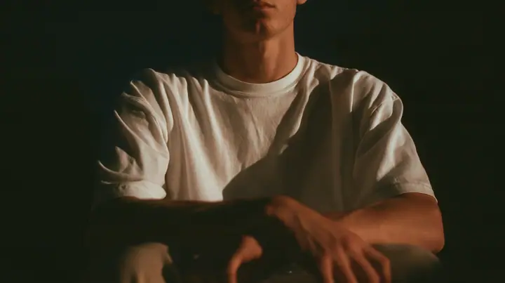 a front-row spectator in a plain white t-shirt seated in the dark, arms folded, face cropped at the chin, warm light, blue-black night turning to first light, clay-orange #D97757 light as the only colour, fine grain,…