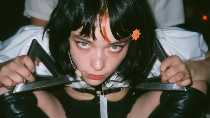 close-up of the hands of a young Caucasian American woman with pale skin and light freckles, a glossy black blunt jaw-length bob with heavy bangs and one clay-orange streak through the bangs, a small flat clay-orange…