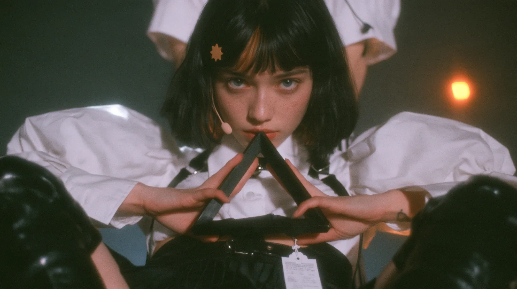 close-up of the hands of a young Caucasian American woman with pale skin and light freckles, a glossy black blunt jaw-length bob with heavy bangs and one clay-orange streak through the bangs, a small flat clay-orange…