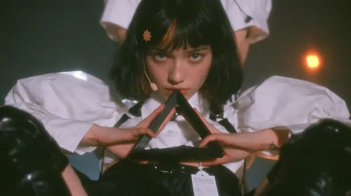 close-up of the hands of a young Caucasian American woman with pale skin and light freckles, a glossy black blunt jaw-length bob with heavy bangs and one clay-orange streak through the bangs, a small flat clay-orange…