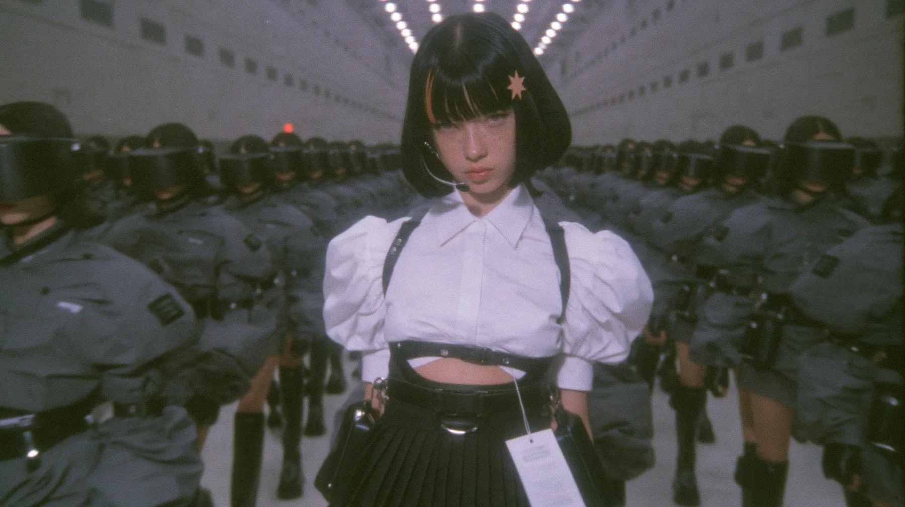 hundreds of identical fashion models in black visors and grey techwear walking in tight formation down a vast grey hall, a young Caucasian American woman with pale skin and light freckles, a glossy black blunt…