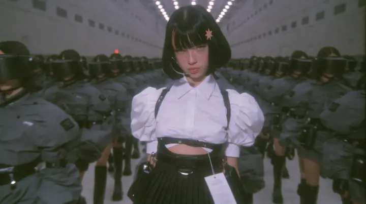 hundreds of identical fashion models in black visors and grey techwear walking in tight formation down a vast grey hall, a young Caucasian American woman with pale skin and light freckles, a glossy black blunt…