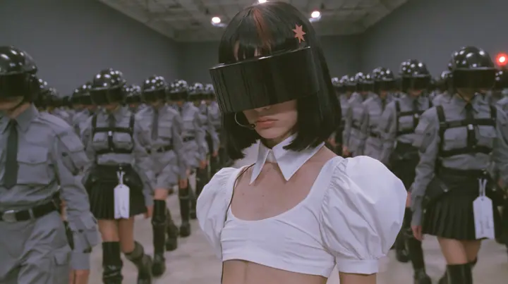 hundreds of identical fashion models in black visors and grey techwear walking in tight formation down a vast grey hall, a young Caucasian American woman with pale skin and light freckles, a glossy black blunt…