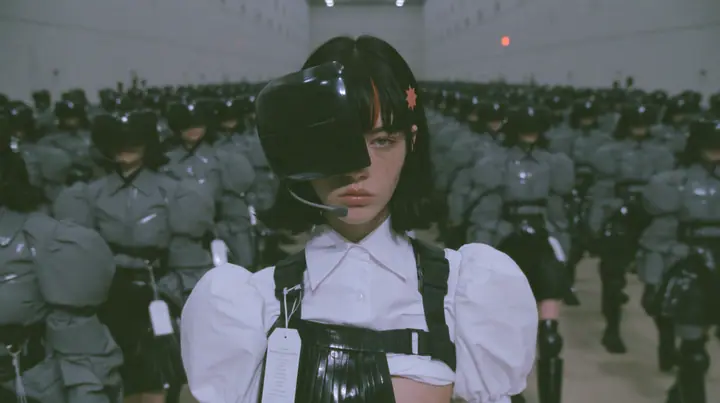 hundreds of identical fashion models in black visors and grey techwear walking in tight formation down a vast grey hall, a young Caucasian American woman with pale skin and light freckles, a glossy black blunt…
