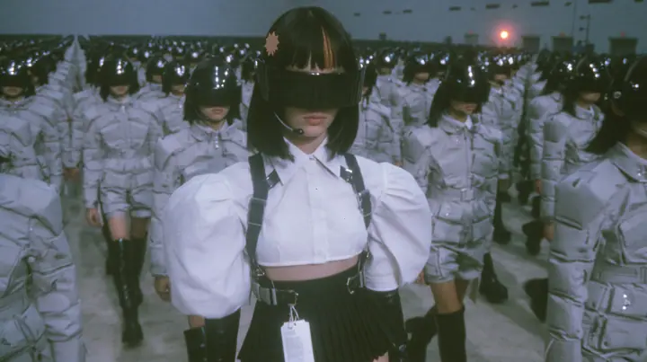 hundreds of identical fashion models in black visors and grey techwear walking in tight formation down a vast grey hall, a young Caucasian American woman with pale skin and light freckles, a glossy black blunt…
