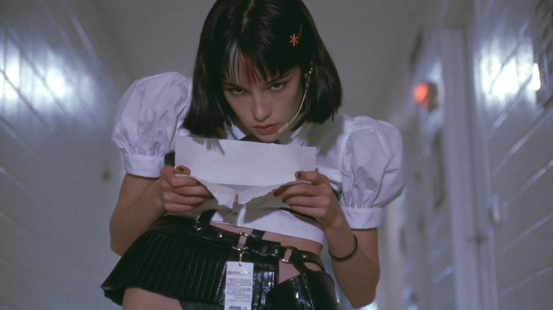 a young Caucasian American woman with pale skin and light freckles, a glossy black blunt jaw-length bob with heavy bangs and one clay-orange streak through the bangs, a small flat clay-orange eight-pointed star hair…