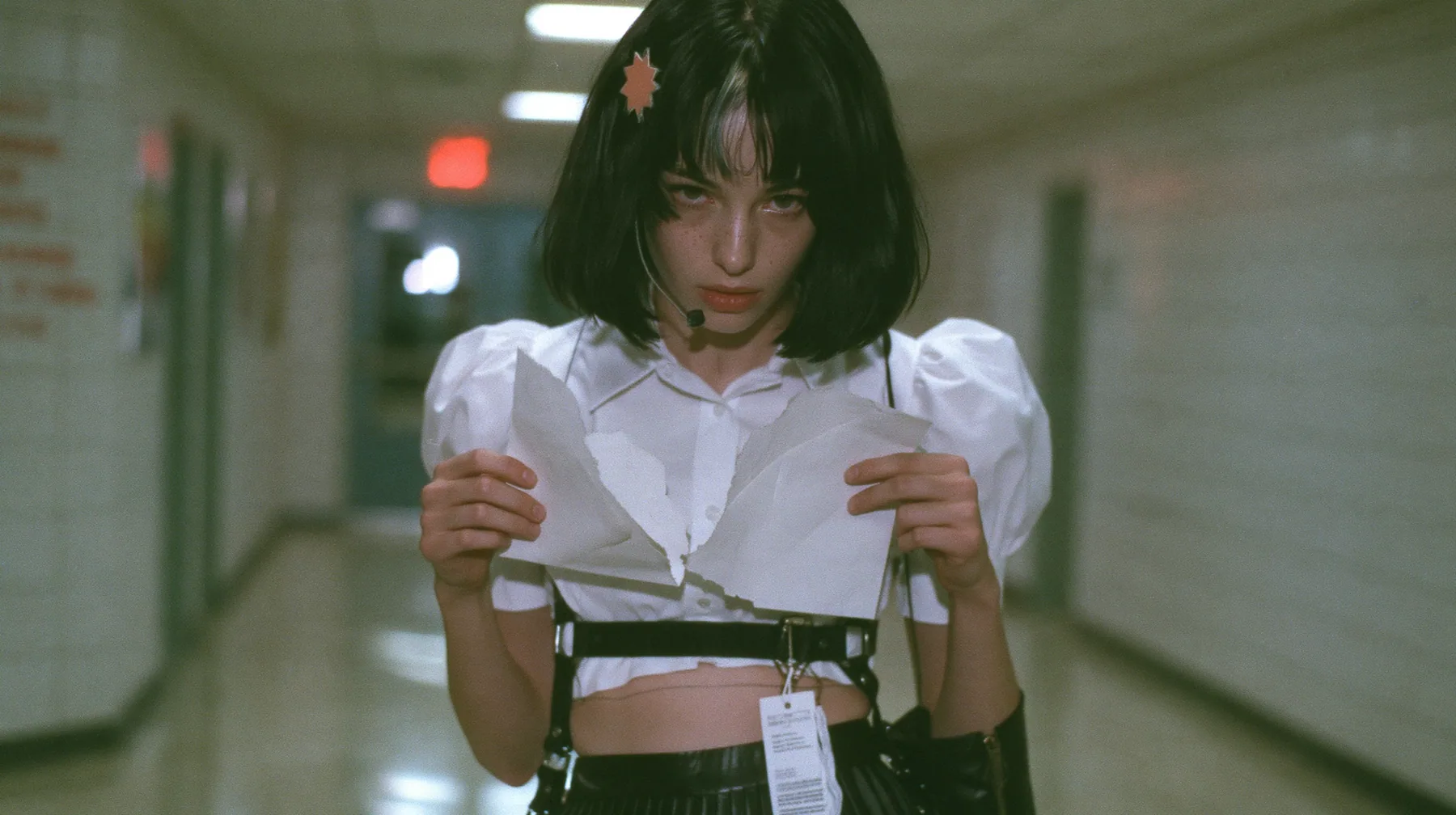 a young Caucasian American woman with pale skin and light freckles, a glossy black blunt jaw-length bob with heavy bangs and one clay-orange streak through the bangs, a small flat clay-orange eight-pointed star hair…
